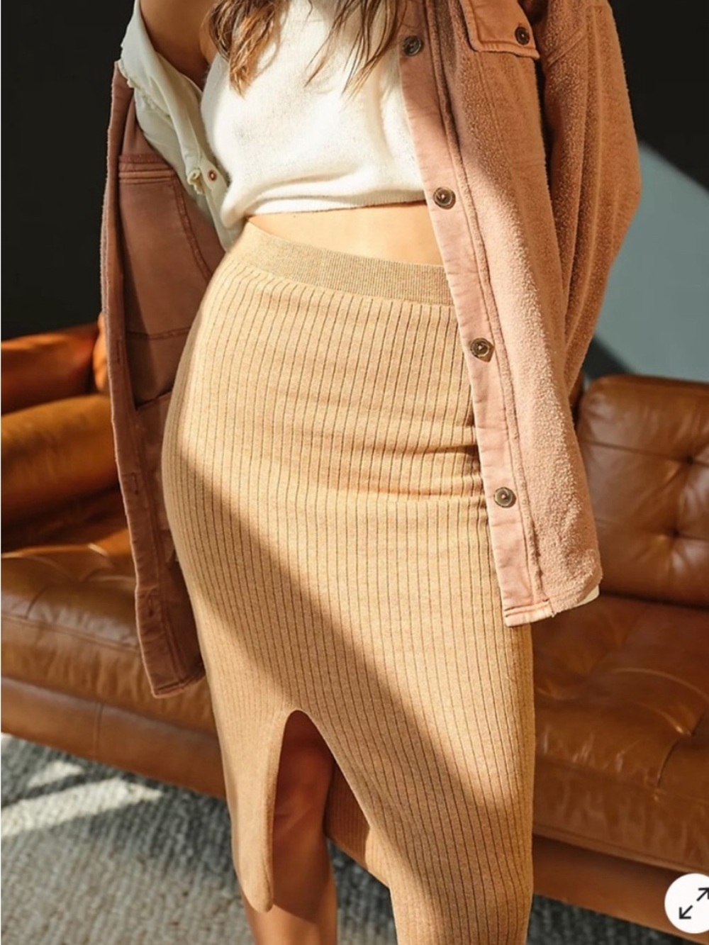 Free people skyline high rise ribbed knit midi skirt camel tan size small